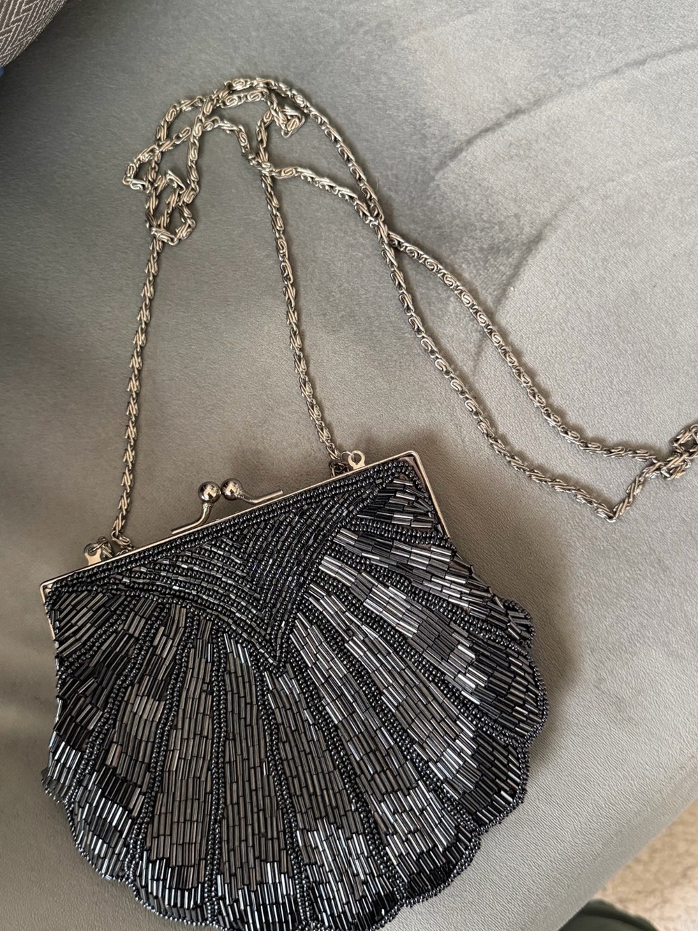 La Regale Black Beaded Shell Clutch with Silver Chain